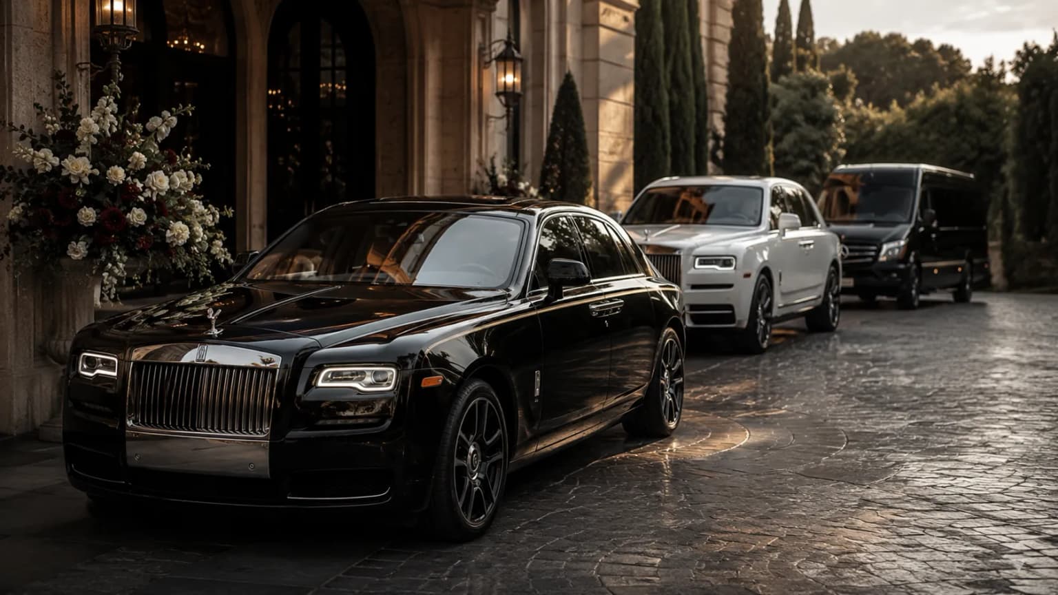 A black Rolls-Royce sedan leading a white Rolls-Royce SUV and black executive Sprinter outside an elegant venue