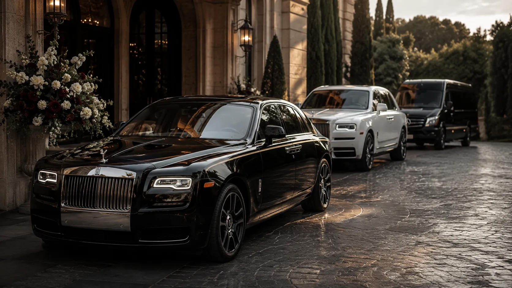 A black Rolls-Royce sedan leading a white Rolls-Royce SUV and black executive Sprinter outside an elegant venue