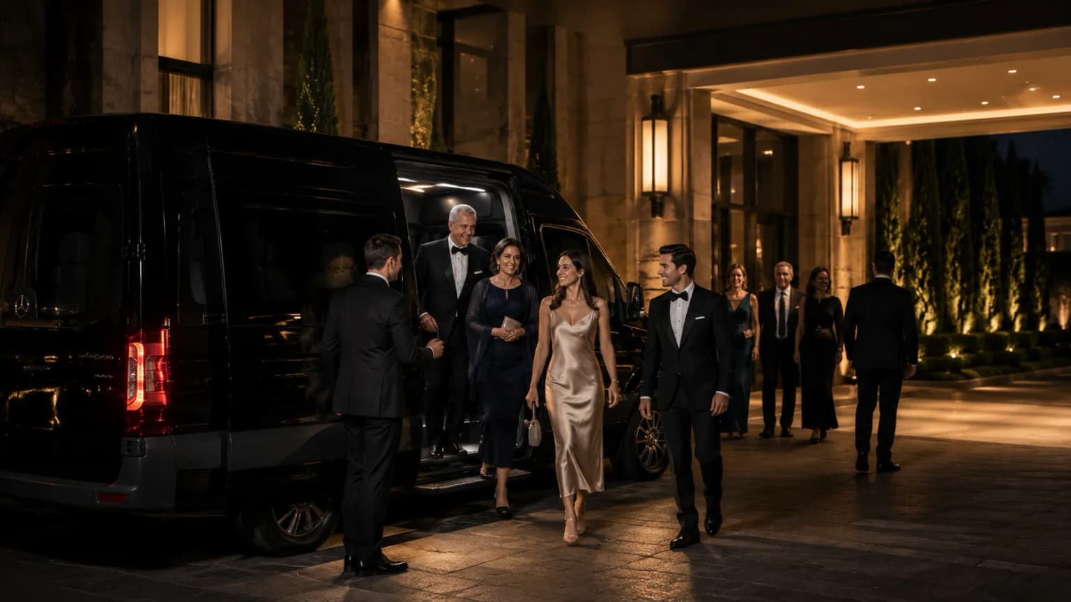 Family and wedding guests exiting a Mercedes-Benz Sprinter at a venue