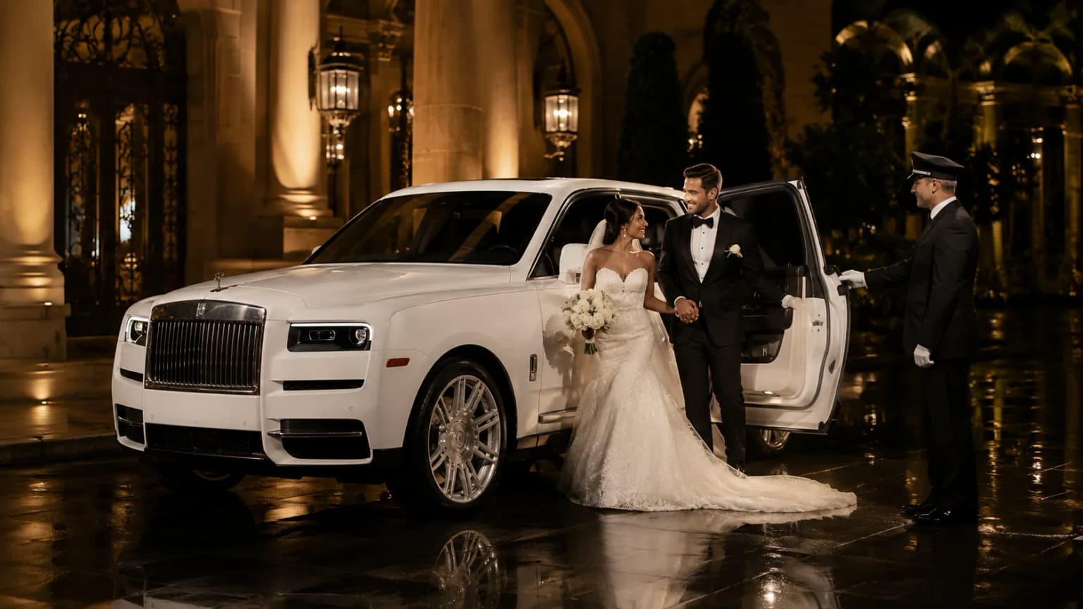 Bride and groom beside a white Rolls-Royce with their chauffeur