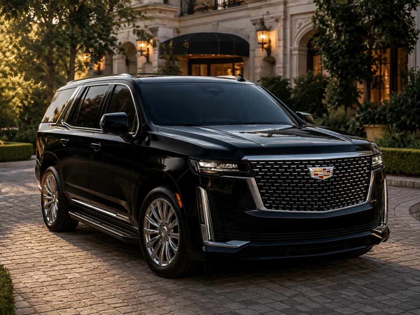 Black Cadillac Escalade outside a formal venue