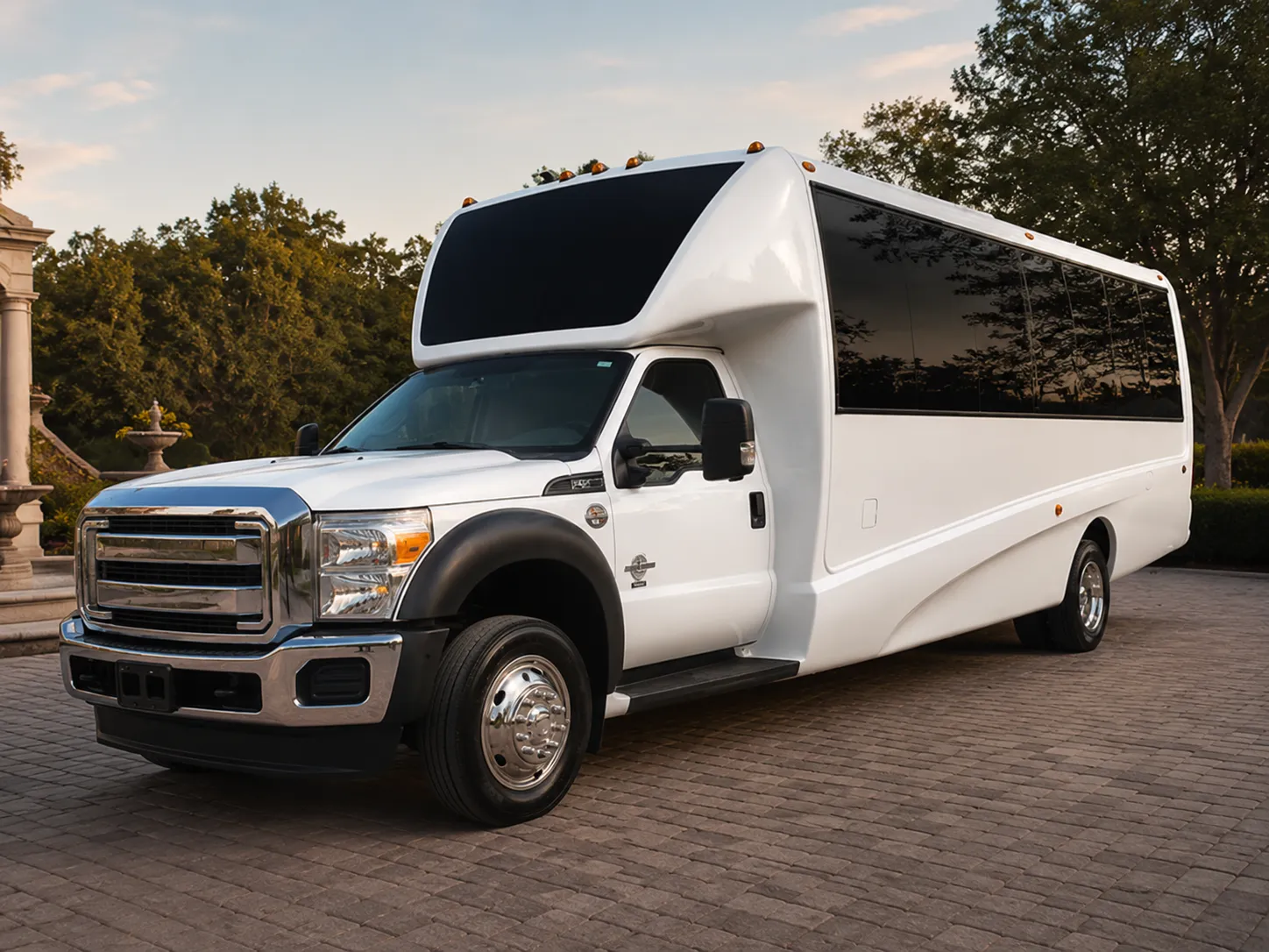 White party bus outside an event venue