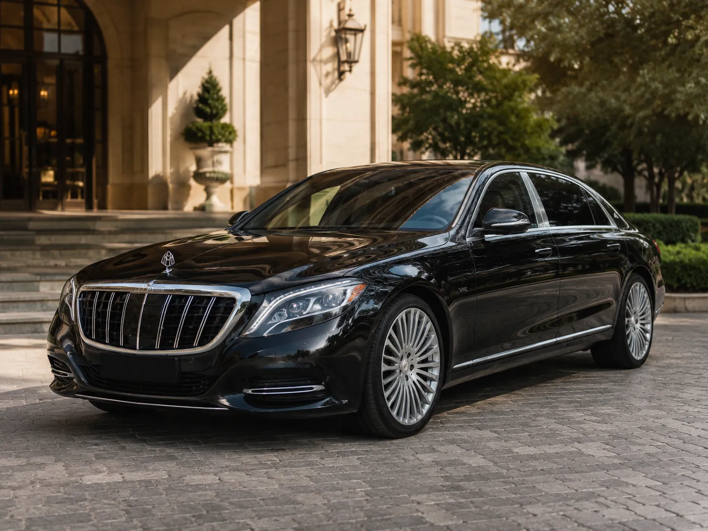 Black Mercedes-Benz S-Class outside a formal property
