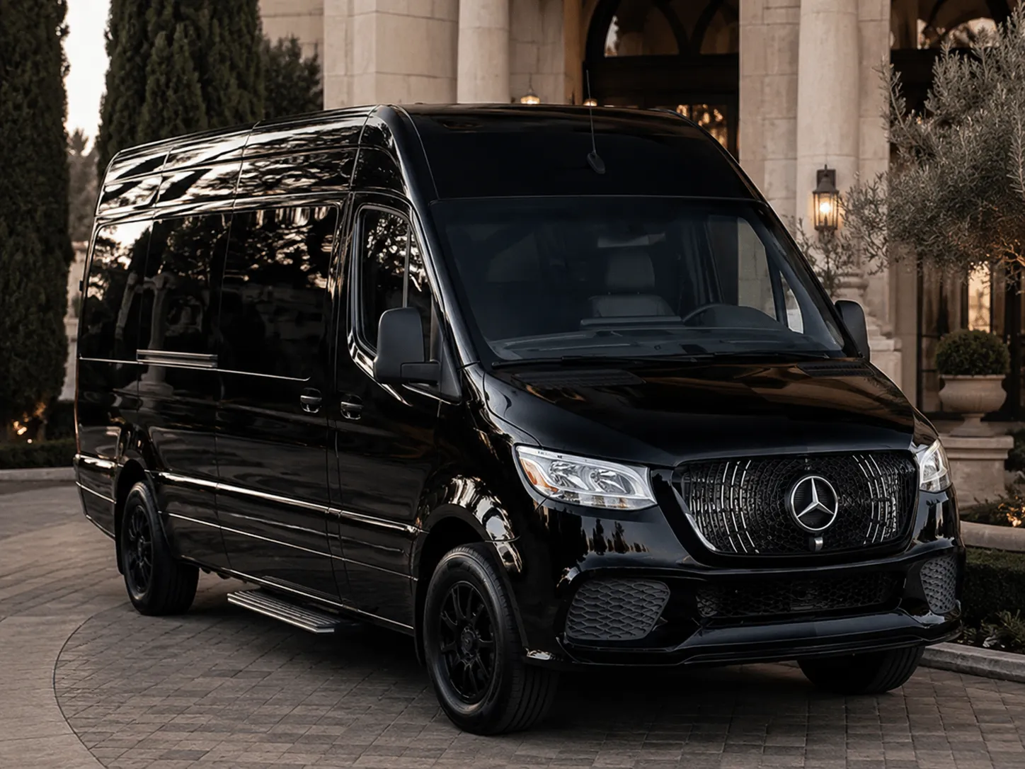 Black Mercedes-Benz Sprinter outside an estate