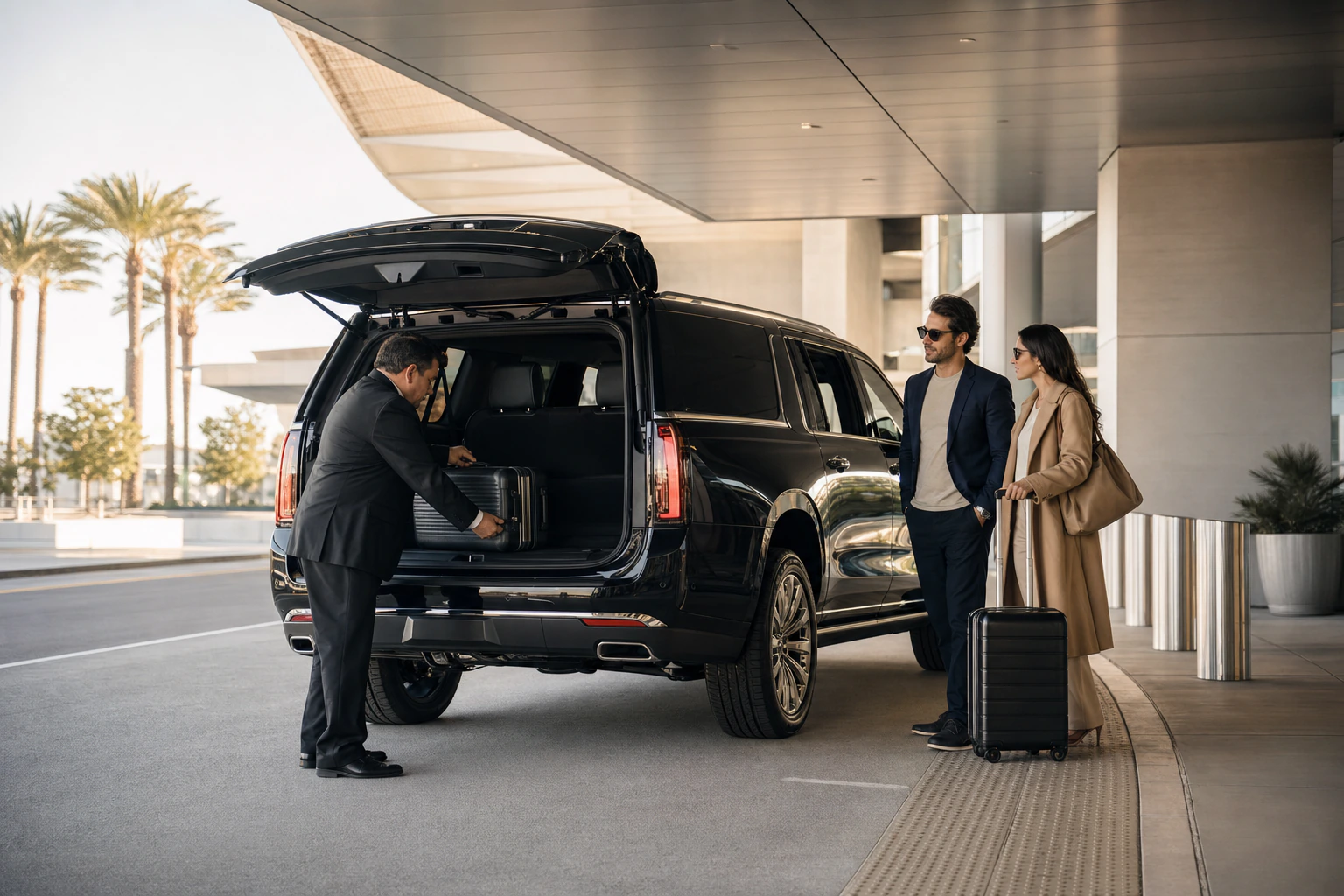 A chauffeur loading luggage into a black luxury SUV for two airport travelers