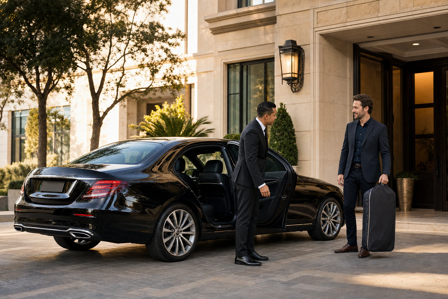 A chauffeur greeting a traveler with luggage beside a black luxury sedan