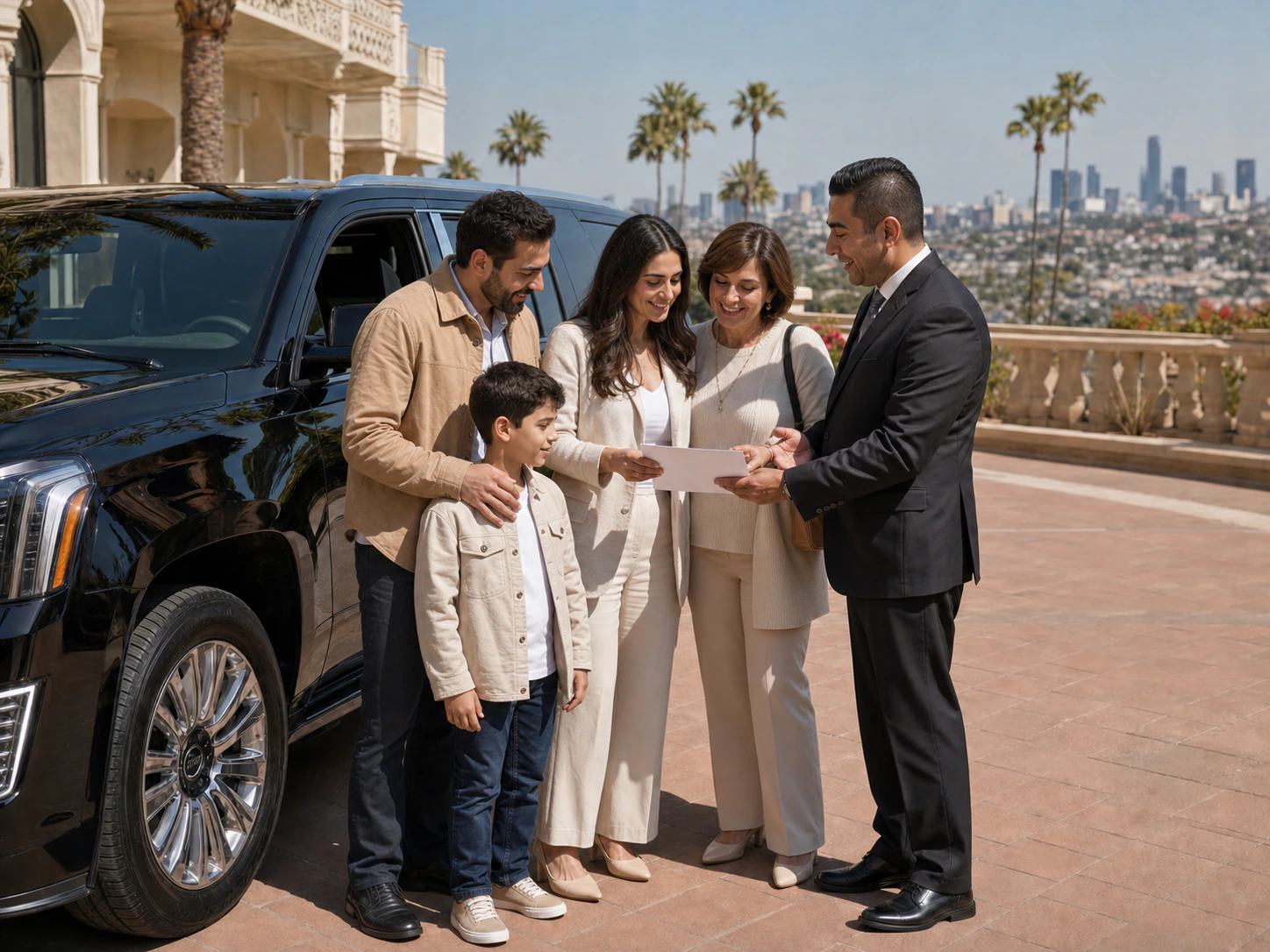 A chauffeur reviewing a transportation plan with a family beside a black luxury SUV in Los Angeles