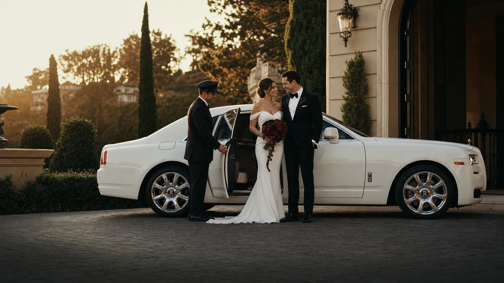Couple transportation arranged outside a wedding venue