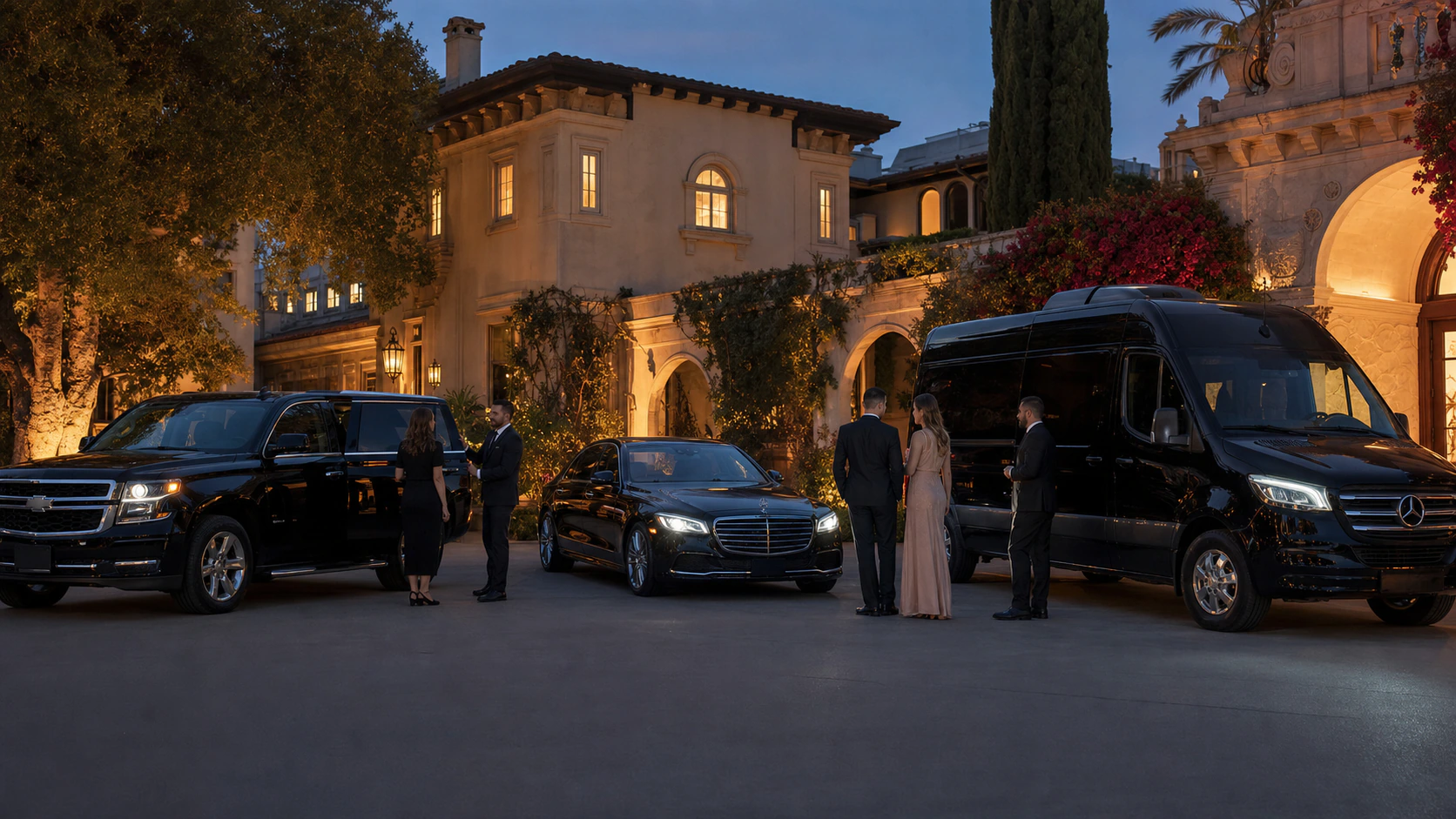 Multiple wedding vehicles arranged outside a Los Angeles venue