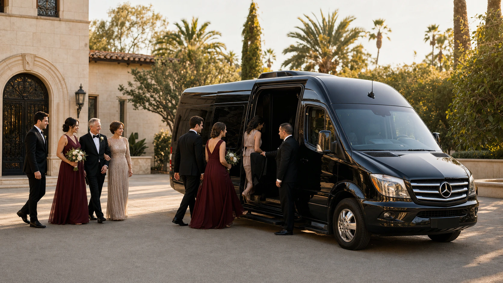 Wedding party transportation arranged outside a venue