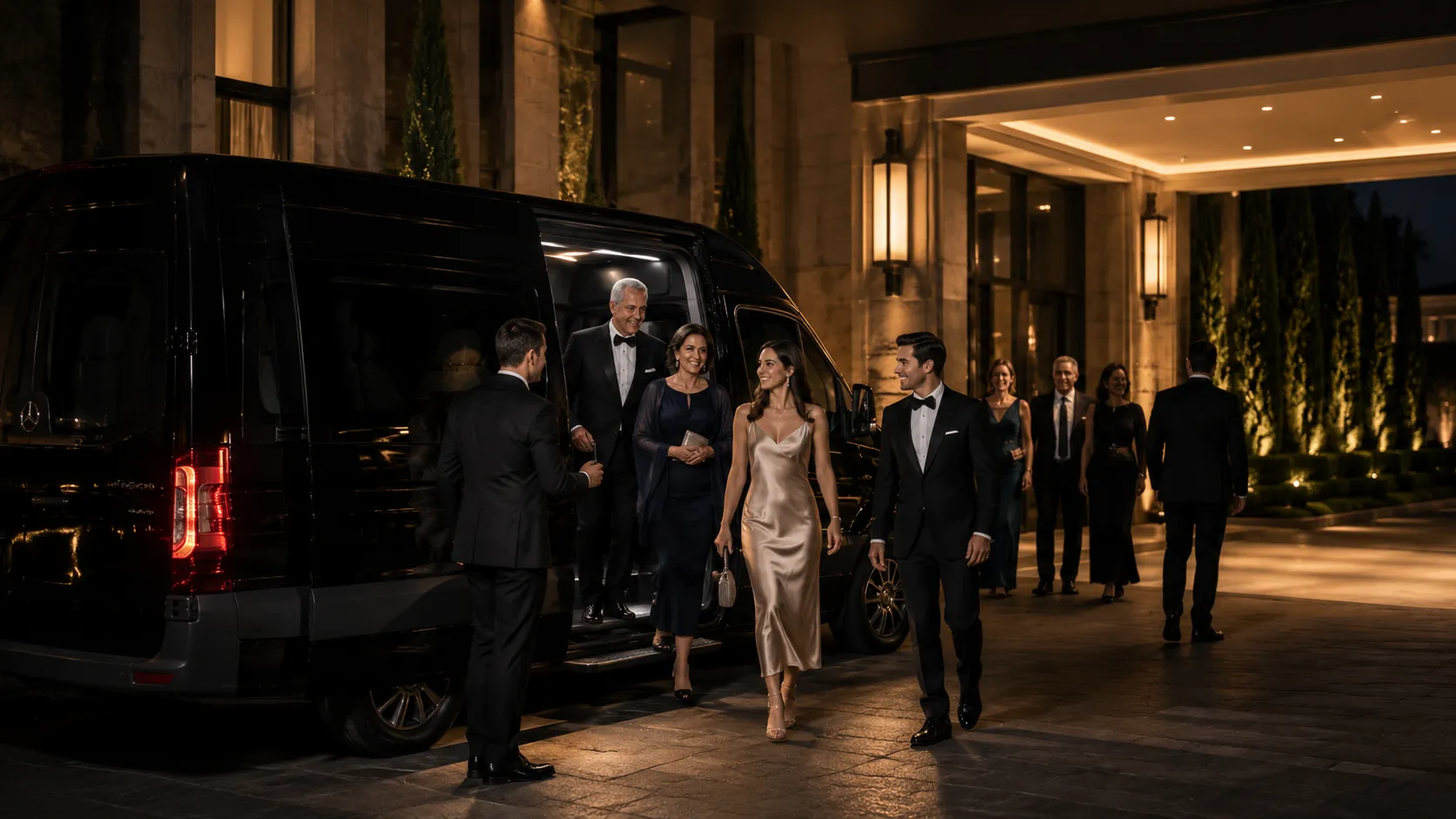 Family and wedding guests exiting a Mercedes-Benz Sprinter at a venue
