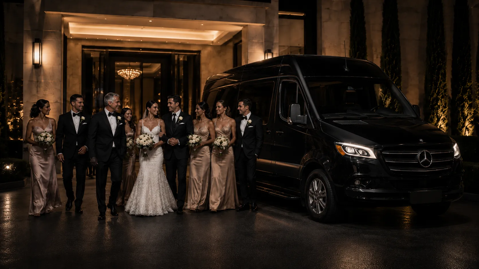 Wedding party beside a Mercedes-Benz Sprinter at a formal venue